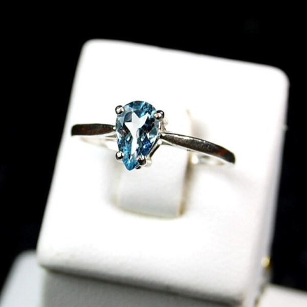 Sterling Aquamarine Ring, Genuine Pear Cut Solitaire Semi Precious Gemstone