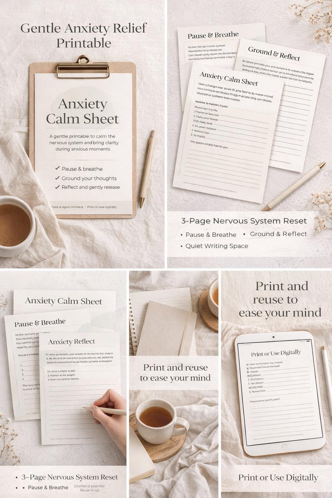 Anxiety Calm Sheet Printable | Gentle Grounding Worksheet for Anxiety ...