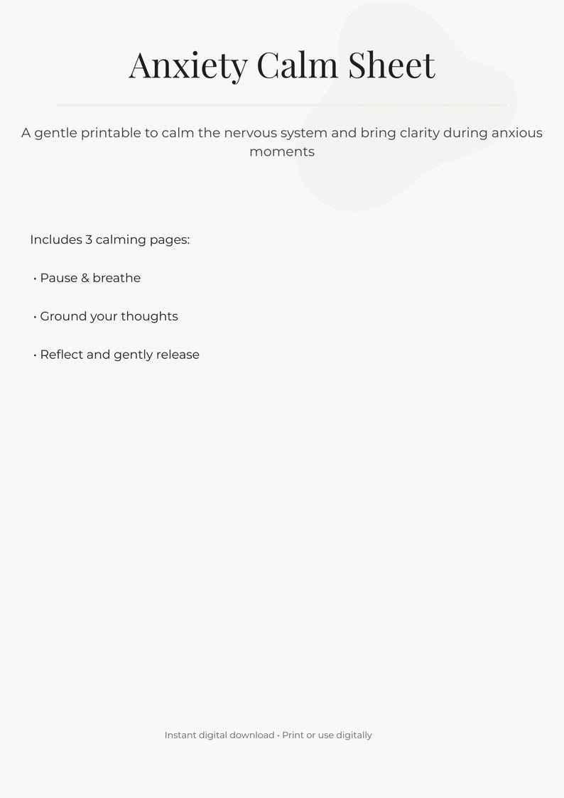 Anxiety Calm Sheet Printable | Gentle Grounding Worksheet for Anxiety ...
