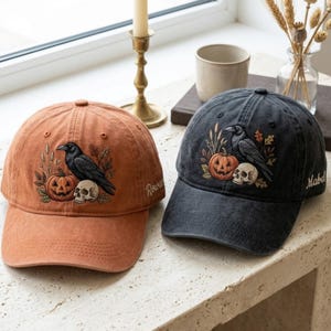 Custom Halloween Embroidered Hat, Personalized Raven Cap, Spooky Pumpkin Gift, Gothic Crow Skull Design, Autumn Keepsake, Witchy Name, Fall