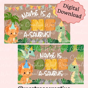 May include: A digital download birthday invitation featuring a dinosaur theme. The design includes the text "Name is One A-Saurus!" with cartoon dinosaurs, party hats, and a banner. The invitation is in shades of brown, orange, green, and white.
