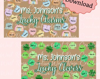May include: Digital download featuring two designs: "Ms. Johnson's Lucky Charms" with colorful charms and "Ms. Johnson's Lucky Clovers" with green clovers. Both designs include the text "Name" on various elements and are set against a neutral background.