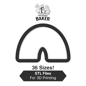 Könnte beinhalten: Schwarz-weiß-Bild mit einer Aussparung für einen Keks. Der Text "Frenzied Baker" steht oben, mit einem Mixer-Logo. Darunter steht der Text "36 Sizes! STL Files For 3D Printing".