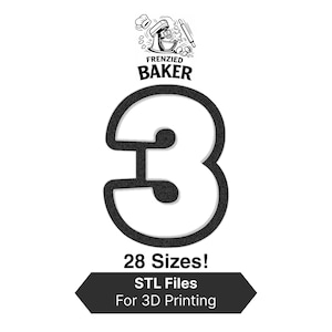 Może przedstawiać: Czarno-biała grafika z cyfrą 3 z teksturowym obrysem, tekstem "Frenzied Baker" powyżej i "28 Sizes!" poniżej. Baner głosi "STL Files For 3D Printing". Na białym tle.