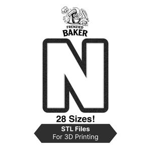 Puede incluir: Gráfico en blanco y negro con la palabra "BAKER" encima de una gran letra "N". La imagen incluye el texto "¡28 tamaños!" y "Archivos STL para impresión 3D" en una pancarta gris oscuro.