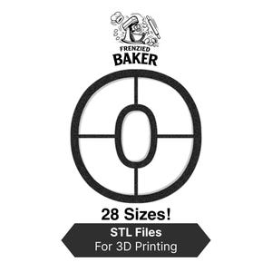 Puede incluir: Imagen en blanco y negro de un cortador de galletas con forma de número cero. El cortador está rodeado por un círculo y dividido en secciones. La imagen incluye el texto "Frenzied Baker" y "¡28 tamaños! Archivos STL para impresión 3D."