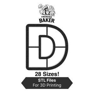 Puede incluir: Imagen en blanco y negro de un cortador de galletas con la letra "D" con un contorno texturizado. La imagen incluye el texto "Frenzied Baker" y "¡28 tamaños! Archivos STL para impresión 3D".