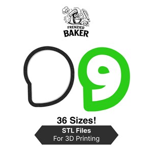 Pode incluir: Logotipo a preto e branco de uma batedeira com o texto "Frenzied Baker". São apresentados dois cortadores de biscoitos em forma de balão de fala, um preto e outro verde. O texto abaixo diz "36 tamanhos! Arquivos STL para impressão 3D".