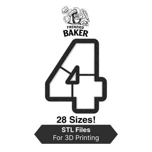 May include: Black and white image of a number four cookie cutter. The image includes the text "Frenzied Baker" and "28 Sizes! STL Files For 3D Printing". The cookie cutter is outlined in black with a textured appearance.