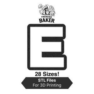 Puede incluir: Gráfico en blanco y negro con la palabra "BAKER" sobre una letra "E" texturizada. La imagen incluye el texto "¡28 Tamaños!" y "Archivos STL para impresión 3D". El diseño sugiere un tema de panadería.