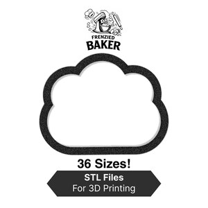 Puede incluir: Imagen en blanco y negro de un cortador de galletas con forma de nube con un borde texturizado. El texto "Frenzied Baker" está encima, con una ilustración de una batidora y un rodillo. Debajo, se lee "¡36 tamaños! Archivos STL para impresión 3D".