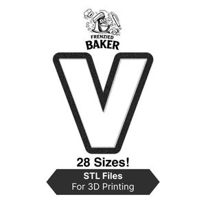 Puede incluir: Gráfico en blanco y negro con una gran letra "V" con contorno texturizado, el texto "Frenzied Baker" arriba y "¡28 Tamaños! Archivos STL para impresión 3D" abajo. Ideal para impresión 3D.
