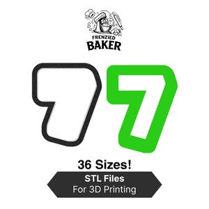 Peut inclure: L'image présente deux formes du chiffre sept, l'une noire et l'autre verte. Le texte "Frenzied Baker" est au-dessus des chiffres, avec un logo de mixeur. En dessous, il est écrit "36 Tailles ! Fichiers STL pour l'impression 3D."