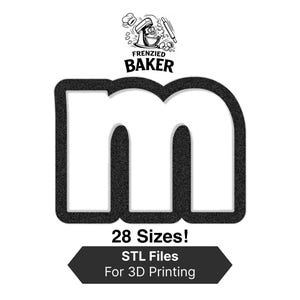 Puede incluir: Imagen en blanco y negro de una letra "m" estilizada con un contorno texturizado. El texto "Frenzied Baker" está encima de la letra, y "28 Sizes! STL Files For 3D Printing" debajo. El diseño sugiere un tema de repostería o artesanía.