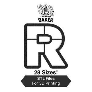 Könnte beinhalten: Schwarz-weiß-Grafik mit dem Text "Frenzied Baker" über einem großen, stilisierten Buchstaben "R". Darunter steht "28 Größen! STL-Dateien für 3D-Druck". Das Design ist minimalistisch und eignet sich für den 3D-Druck.