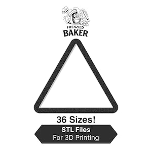 May include: Black and white image featuring a triangular shape with rounded corners. The text "Frenzied Baker" is at the top, with an illustration of a mixer. Below the triangle, the text reads "36 Sizes! STL Files For 3D Printing."
