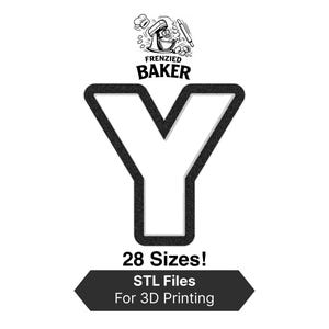 Puede incluir: Imagen en blanco y negro con la letra 'Y' en negrita y contorneada. El texto 'Frenzied Baker' está encima de la letra, con un gráfico de una batidora. Debajo de la letra, el texto dice '¡28 tamaños! Archivos STL para impresión 3D'.