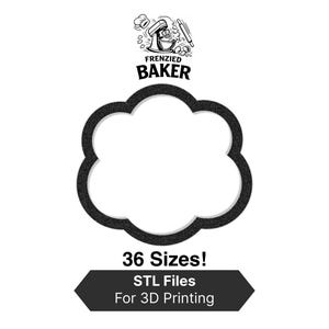 Könnte beinhalten: Schwarz-weiß-Bild eines wolkenförmigen Ausstechers. Das Bild enthält den Text "Frenzied Baker" und "36 Größen! STL-Dateien für 3D-Druck". Der Ausstecher hat ein strukturiertes Aussehen.