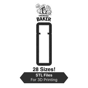 Puede incluir: Imagen en blanco y negro de un cortador de galletas rectangular con una muesca. La imagen incluye el texto "Frenzied Baker" y "¡28 tamaños! Archivos STL para impresión 3D."