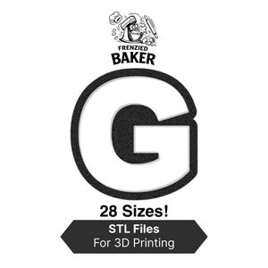 Könnte beinhalten: Schwarz-weiße Grafik mit dem Wort "BAKER" über einem großen Buchstaben "G". Das Bild enthält den Text "28 Größen! STL-Dateien für 3D-Druck". Das Design hat ein Backthema.