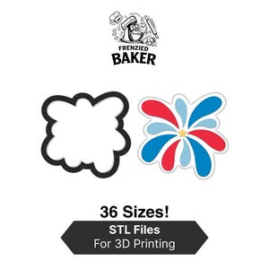 May include: A black cookie cutter outline and a colorful firework-shaped cookie with red, light blue, and dark blue petals surrounding a yellow star center. The text reads Frenzied Baker, 36 Sizes! STL Files For 3D Printing.