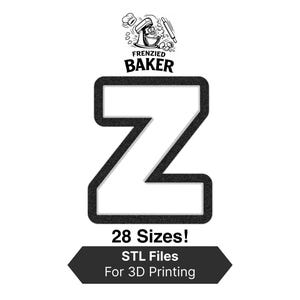 Puede incluir: Imagen en blanco y negro con una gran letra "Z" con un contorno texturizado. El logotipo "Frenzied Baker" está en la parte superior. Debajo de la letra, el texto dice "¡28 tamaños! Archivos STL para impresión 3D".
