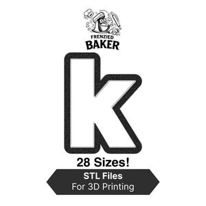 Puede incluir: Imagen en blanco y negro de la letra "k" con contorno texturizado. El logotipo "Frenzied Baker" está en la parte superior. Debajo, el texto dice "¡28 tamaños!" y "Archivos STL para impresión 3D".