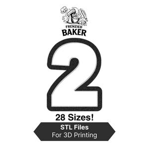 Può includere: Grafica in bianco e nero con il numero 2, contorno strutturato, testo "Frenzied Baker" sopra, e "28 Sizes!" e "STL Files For 3D Printing" sotto. L'immagine è per la stampa 3D.