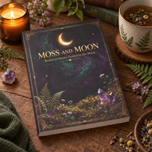 Op de afbeelding: Een hardcover boek met de titel Moss and Moon: Rooted in Nature, Guided by the Moon. De donkere kaft toont een gouden maansikkel, paarse en groene nevelwolken, varenbladeren, kleine wilde bloemen en twee paarse kristallen punten.