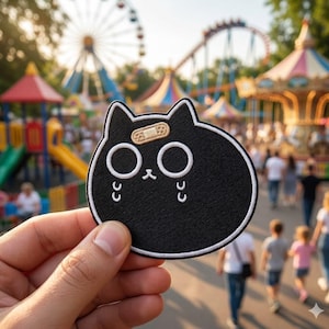 May include: Black cat patch with a bandage on its head and teardrops under its eyes. The cat has large, round eyes and a white outline. The patch is held in front of an amusement park with a Ferris wheel and roller coaster in the background.
