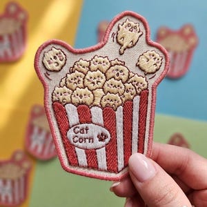 Cat Corn Embroidered Patch Funny Popcorn Kitten Cute Kawaii Cat Iron On Sew On Patch