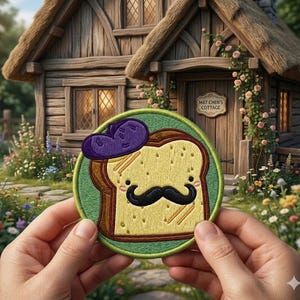 May include: Embroidered patch featuring a slice of toast with a cartoon face, a purple beret, and a black mustache. The patch is surrounded by a green border. The background shows a cottage and a garden.