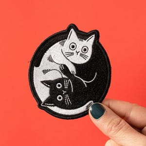 Yin Yang Cat Embroidery Patch Black White Cute Zen Iron On Sew On Whimsical Cat Badge