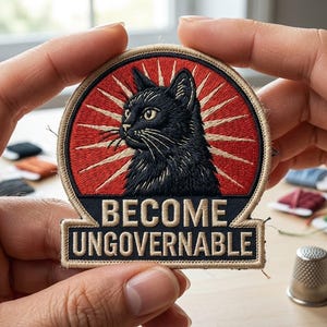 May include: Embroidered patch featuring a black cat with yellow eyes against a red and cream sunburst design. The text "BECOME UNGOVERNABLE" is below the cat. The patch is round with a rectangular bottom.
