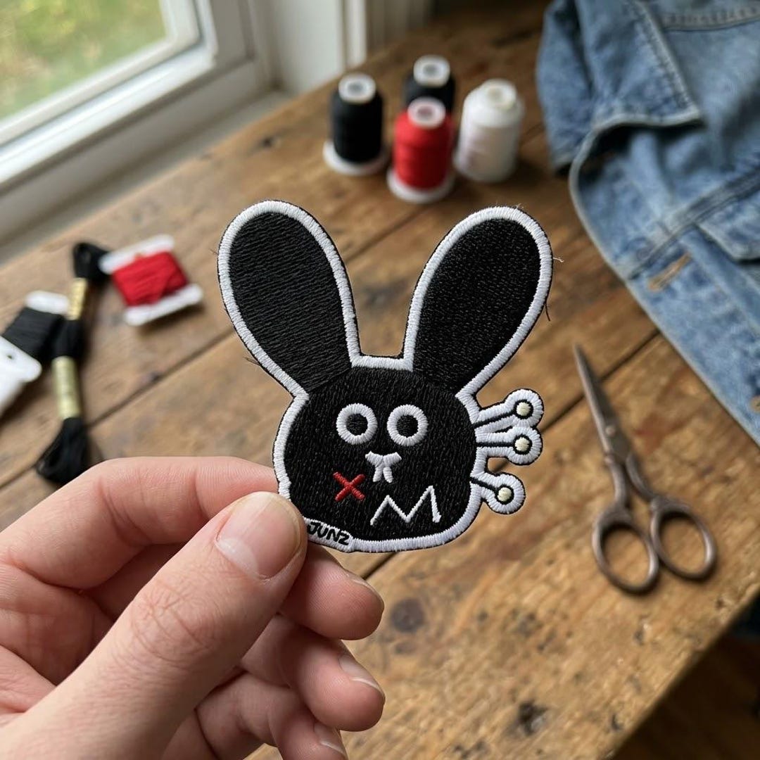 Edgy Black Bunny Embroidered Patch Goth Rabbit X Mouth Piercings Iron ...