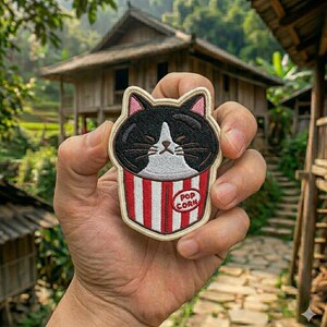 Puede incluir: Parche bordado con un gato blanco y negro con orejas rosas, diseñado como si estuviera en un recipiente de palomitas de maíz. El recipiente de palomitas tiene rayas rojas y blancas con las palabras "POP CORN". El parche se sostiene en una mano.