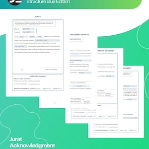 May include: A teal and white graphic for the "Notary Essential System Structure Blue Edition." The image includes sample forms for Jurat, Acknowledgment, Proof of Execution, and Power of Attorney. The forms are white with black text.