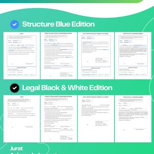 May include: A graphic featuring legal documents, including Jurat, Proof of Execution, and Copy Certification of Power of Attorney. The documents are presented in both "Structure Blue Edition" and "Legal Black & White Edition" formats, with the "Notary Essential System+" logo at the top.