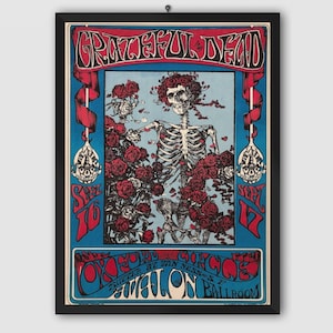Grateful Dead 1966 Skeleton & Roses San Francisco Vintage Concert Poster. Music Poster. Vintage Poster. Concert Poster. Printable.