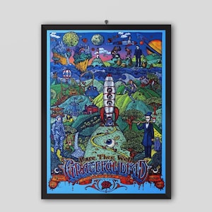 May include: A framed poster with a colorful, psychedelic illustration. The artwork features a rocket, floating islands, and figures in a landscape. The text "Fare Thee Well Grateful Dead" is prominently displayed.