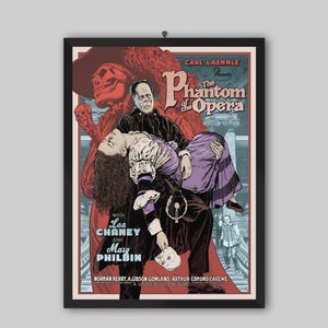 May include: A framed vintage movie poster for "The Phantom of the Opera." The poster features a color illustration of the Phantom carrying a woman, with text including the names Carl Laemmle, Lon Chaney, and Mary Philbin. The poster has a black frame.