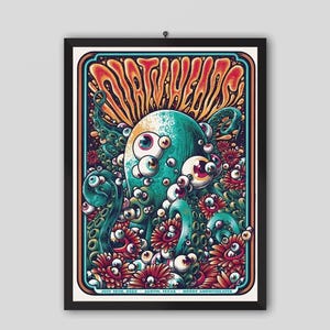 May include: A framed poster with a psychedelic design featuring an octopus with multiple eyes, surrounded by flowers. The poster has a teal, orange, and red color scheme, with the text "ART THE HEADS" at the top and event details at the bottom.