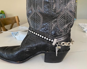Outlaw Rider Bootstrap, Studded Black Leather, Metal Chain, Western Gun Charm