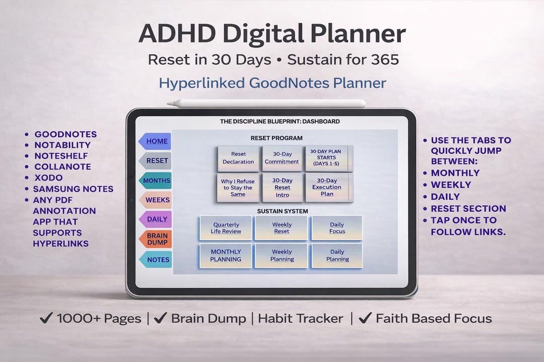 ADHD Digital Planner for Goodnotes | 1000+ Hyperlinked Pages | 30 Day ...