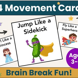 May include: A set of 24 movement cards for children aged 3-8, featuring illustrations of various actions like "Jump Like a Sidekick" and "Fly Like a Superhero." The cards are designed for "Brain Break Fun!"