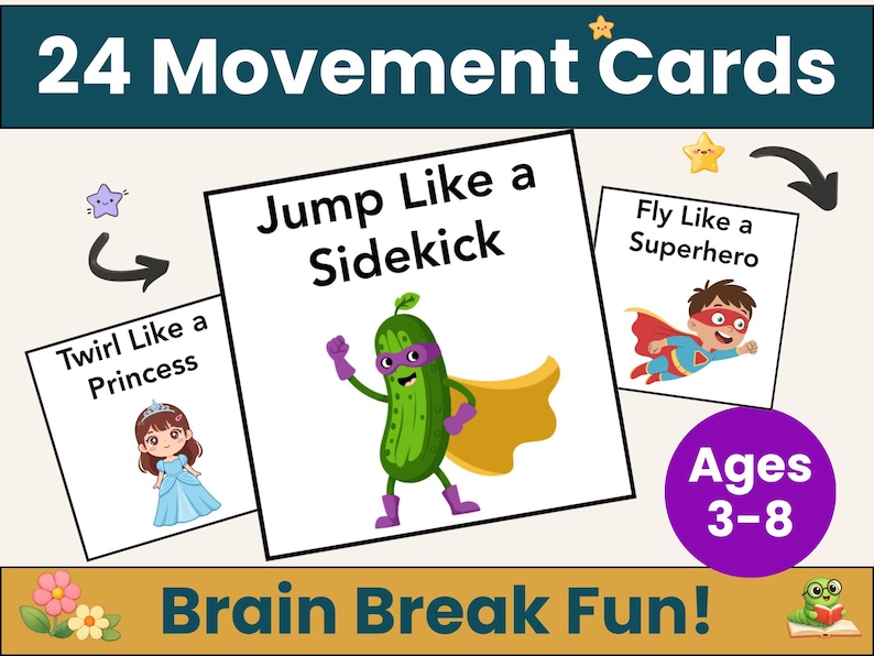 May include: A set of 24 movement cards for children aged 3-8, featuring illustrations of various actions like "Jump Like a Sidekick" and "Fly Like a Superhero." The cards are designed for "Brain Break Fun!"