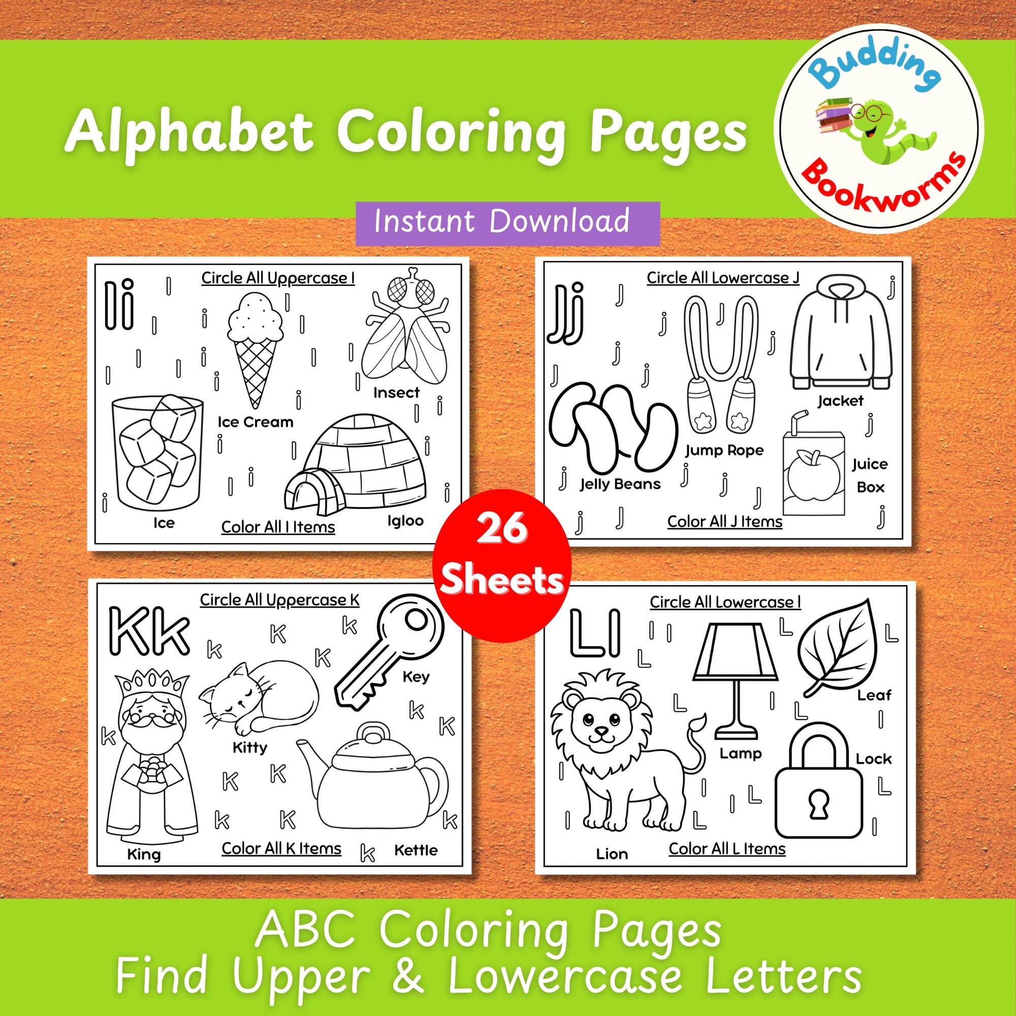 Alphabet Coloring Page for Kids Learn ABC Uppercase Lowercase Worksheet ...