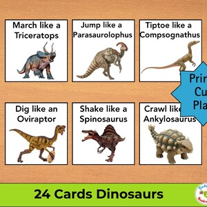 May include: Educational dinosaur flashcards with illustrations of various dinosaurs, including a Triceratops, Parasaurolophus, and Compsognathus. Each card features a dinosaur and an action. The text "Print Cut Play" is also visible.