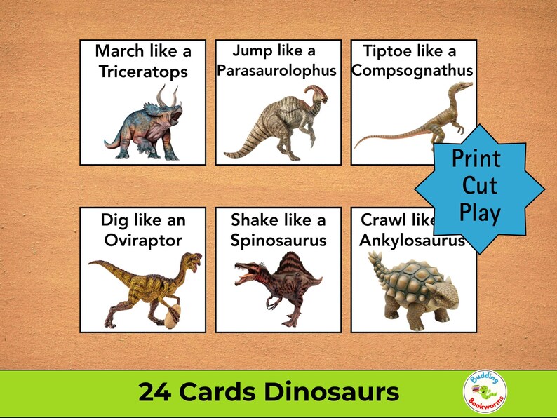May include: Educational dinosaur flashcards with illustrations of various dinosaurs, including a Triceratops, Parasaurolophus, and Compsognathus. Each card features a dinosaur and an action. The text "Print Cut Play" is also visible.