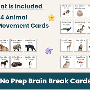May include: Educational cards with animal movement prompts. The image includes 24 cards with illustrations of animals and actions like "March Like an Ant" and "Zoom Like a Dragonfly." The text "What is Included" and "24 No Prep Brain Break Cards" are also visible.